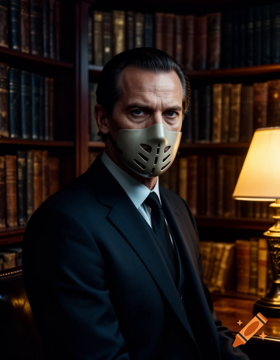 Photorealistic portrait of a man in a black suit and Hannibal Lecter-style mask, seated in a library with bookshelves and a lamp.