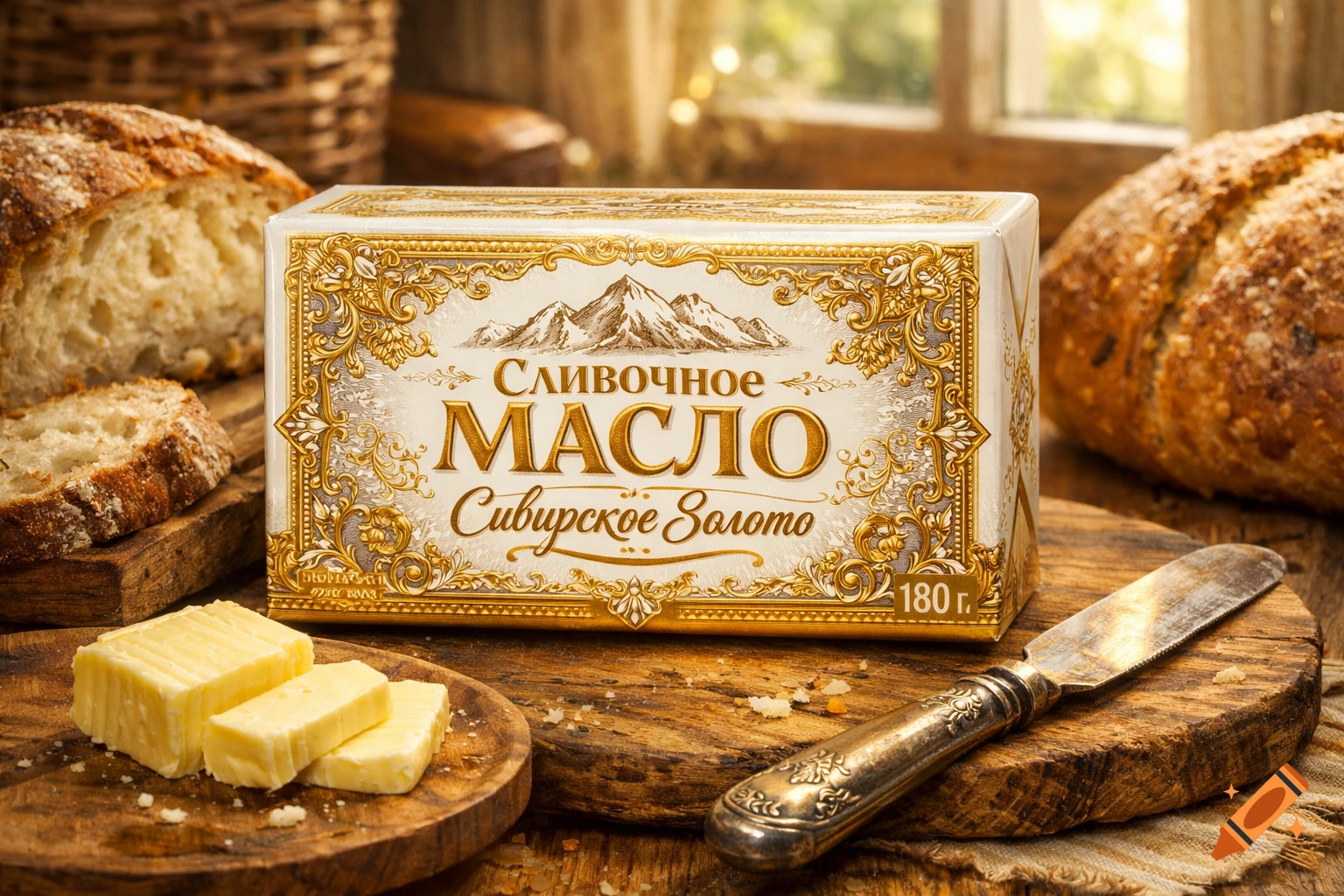 A block of butter in ornate packaging, with sliced butter on a board, fresh bread, and a knife on a rustic wooden table.