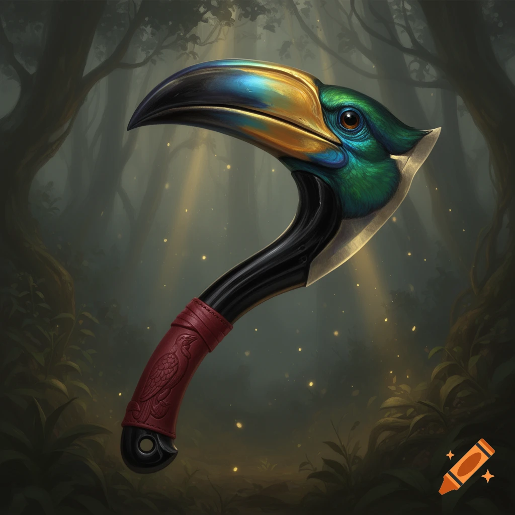 A fantasy axe with a vibrant blue, gold, and green bird's head and beak blade, and a red carved grip, in a mystical forest.