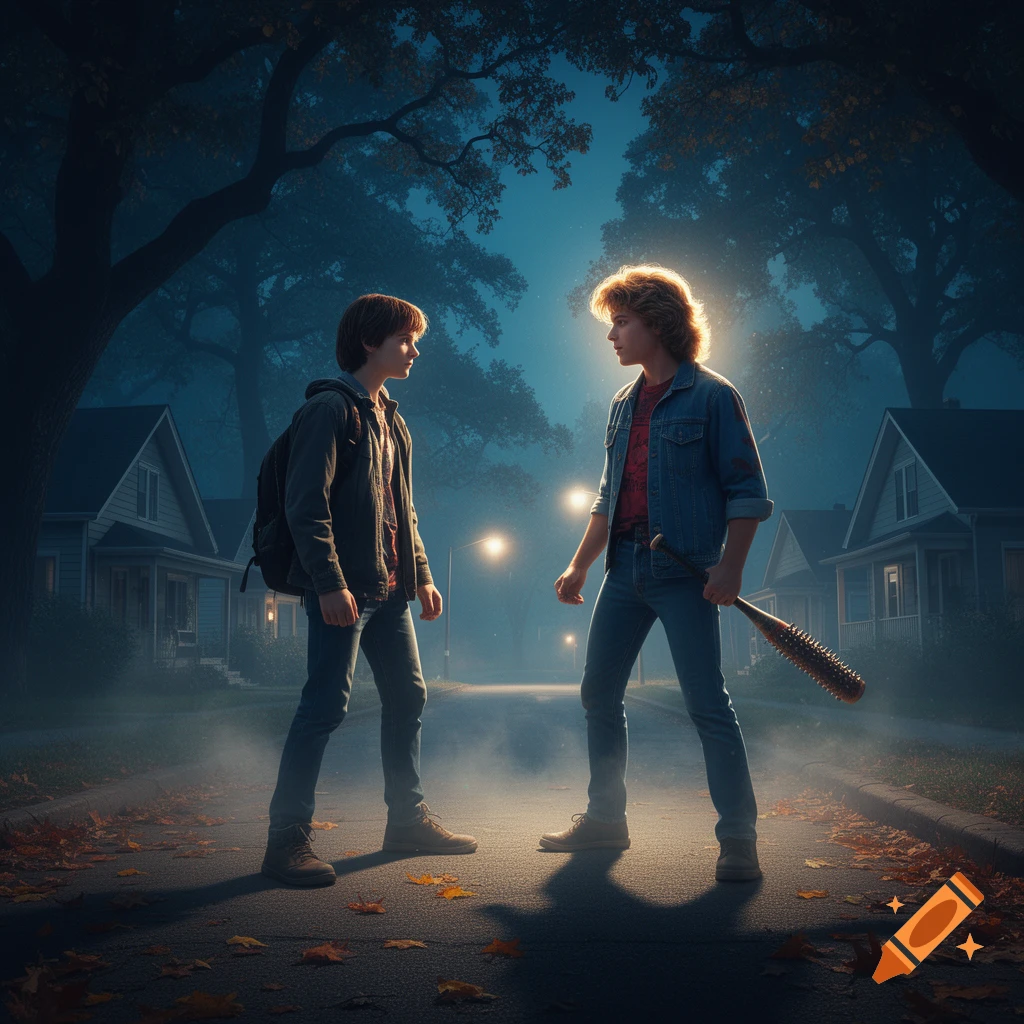 Two young men, one with a backpack and one holding a spiked bat, face each other on a foggy suburban street at night.