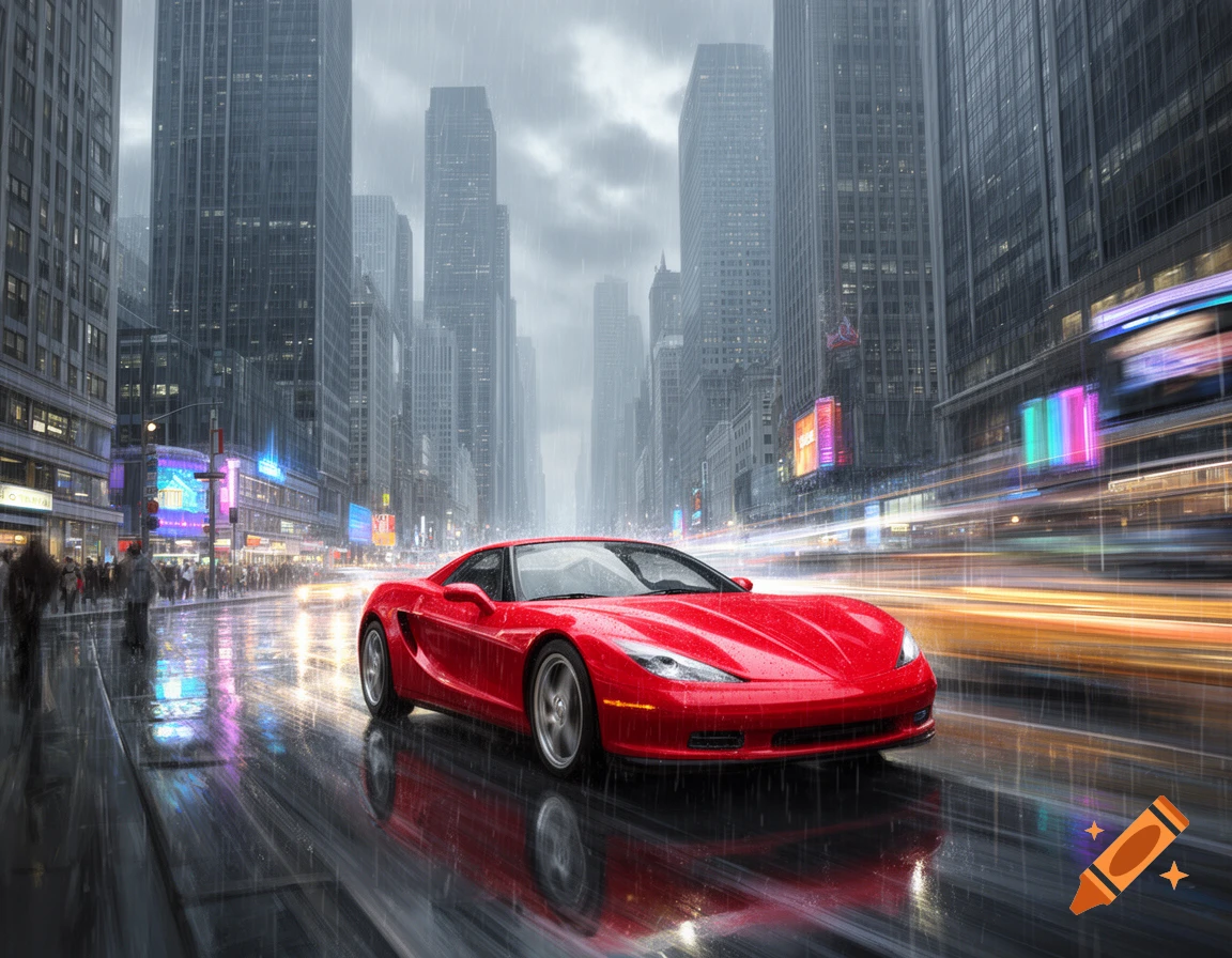 A red sports car drives through a rainy city street lined with tall skyscrapers and illuminated storefronts at dusk.