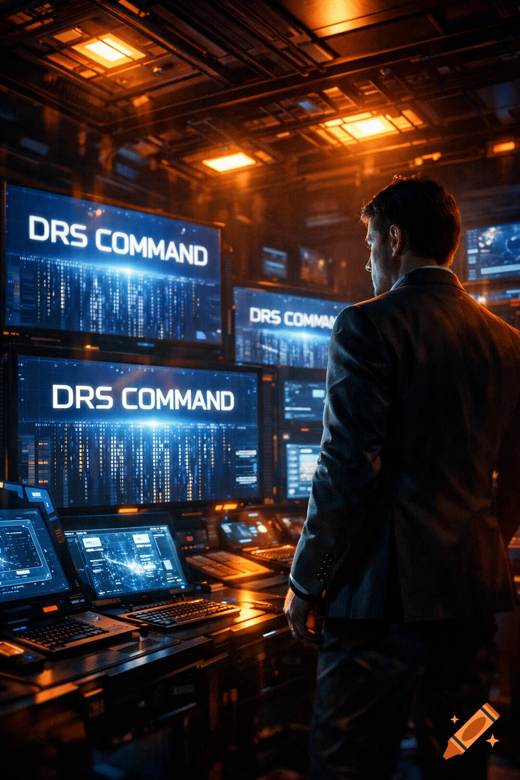 A man in a suit stands in a dark, futuristic control room, looking at multiple glowing screens displaying 'DRS COMMAND' and data.