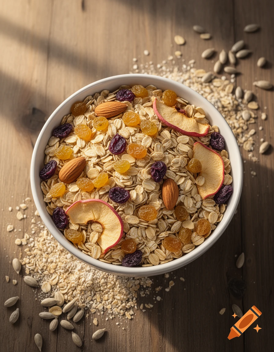 A close-up overhead view of a white bowl filled with muesli, featuring oats, almonds, various raisins, and dried apple slices on a wooden table.