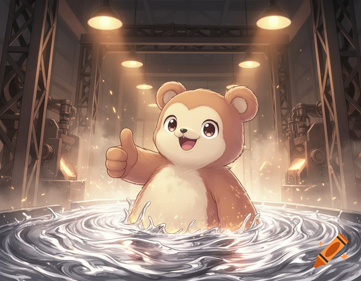 An anime-style cute bear gives a thumbs up while sitting in a pool of molten metal in a dim foundry.
