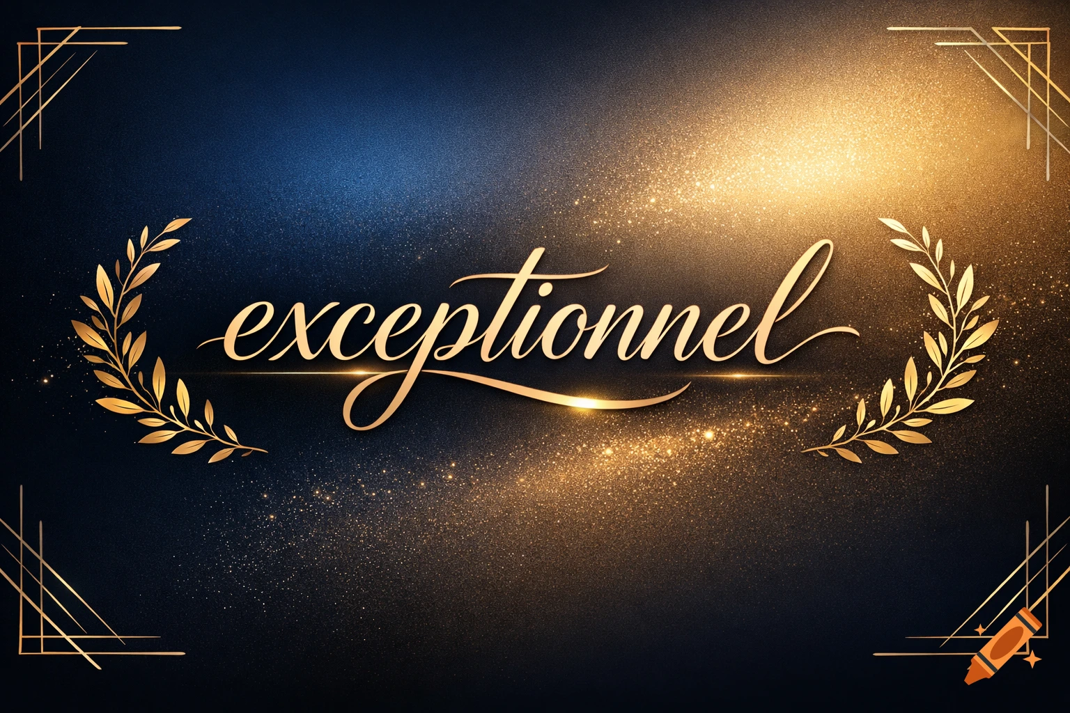 Golden 'exceptionnel' in script with laurel wreaths and glitter on a dark blue and gold background.