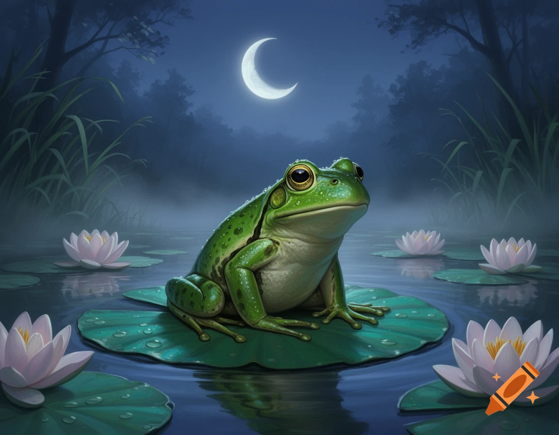 A vibrant green frog sits on a lily pad in a dark pond at night, surrounded by pink water lilies under a crescent moon.
