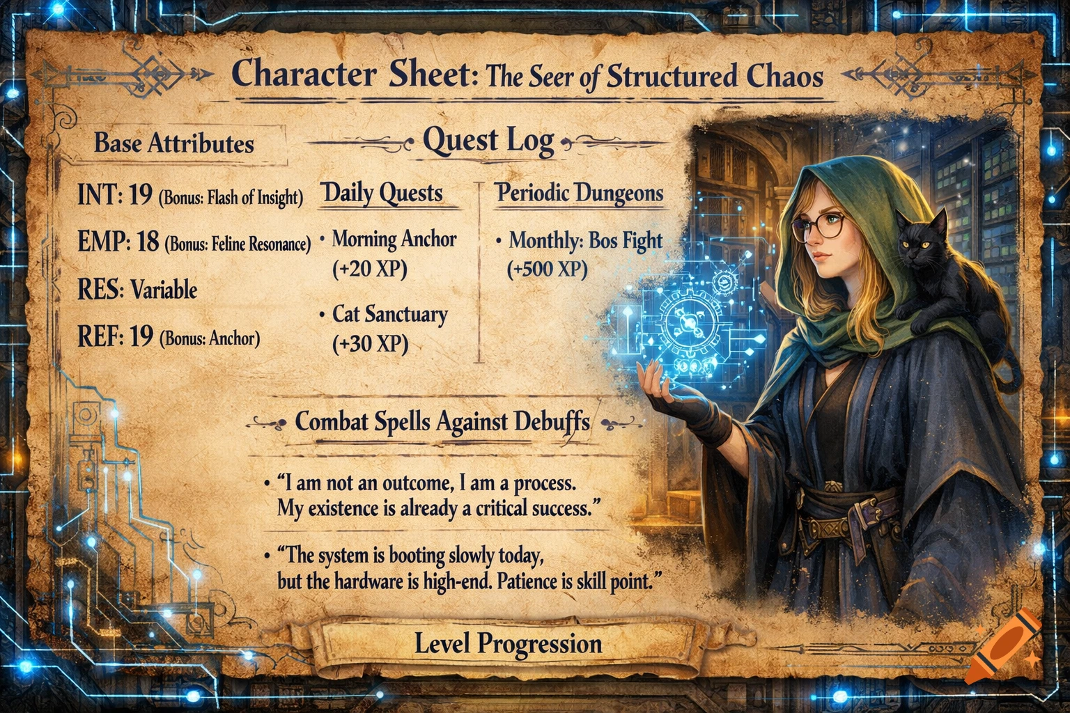 A fantasy RPG character sheet with a woman in a green cloak and glasses, a black cat on her shoulder, holding glowing blue tech magic. The sheet details attributes and quest logs on old parchment with circuit designs.