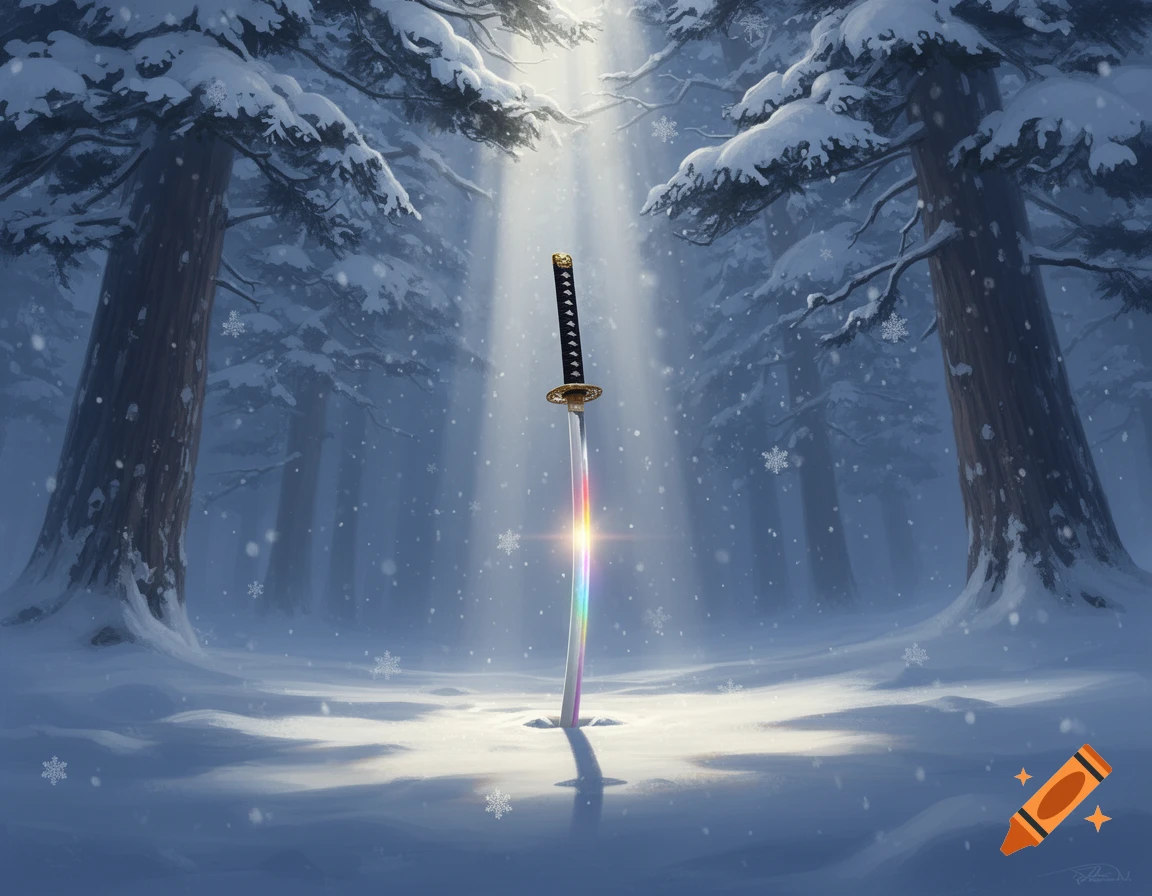 A samurai sword stands in a snowy forest, illuminated by a god ray that creates a rainbow sheen on its blade. Digital painting.