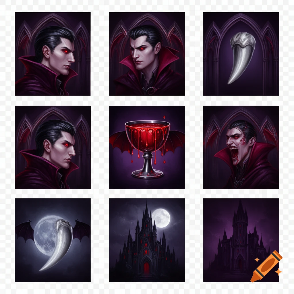 Grid of nine vampire-themed slot machine icons including vampire faces, a blood goblet, a fang, and gothic castles.