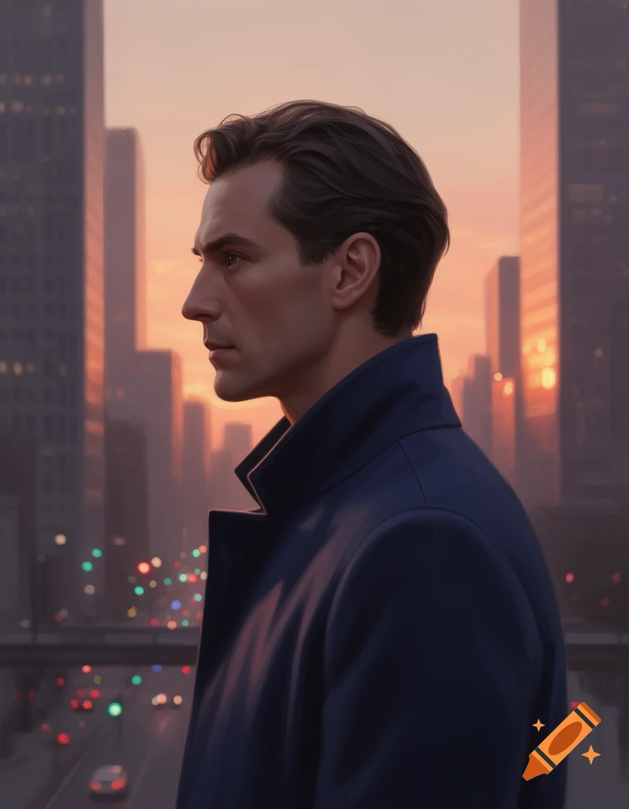 Photorealistic portrait of a man in a dark coat, in profile, against a city skyline at sunset.