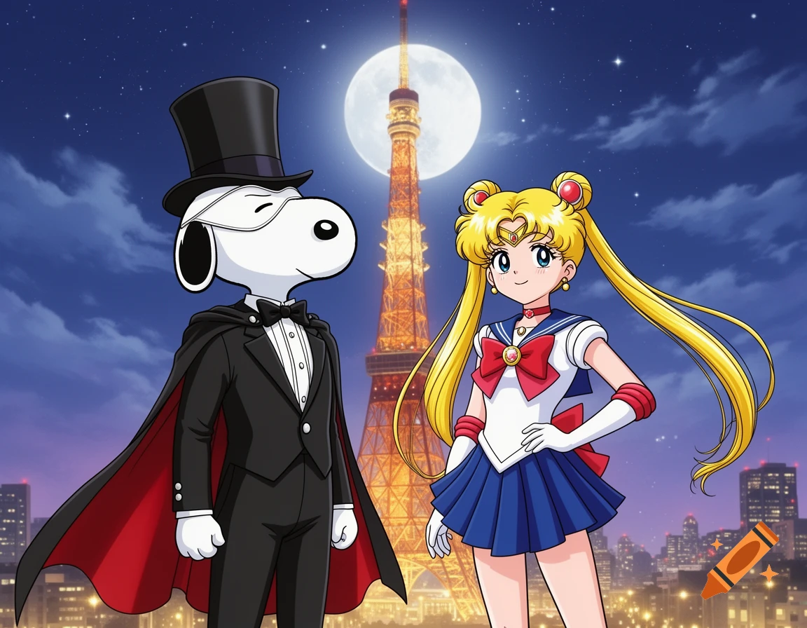 Snoopy as Tuxedo Mask and Sailor Moon stand in front of the Tokyo Tower and a full moon at night, in an anime style.