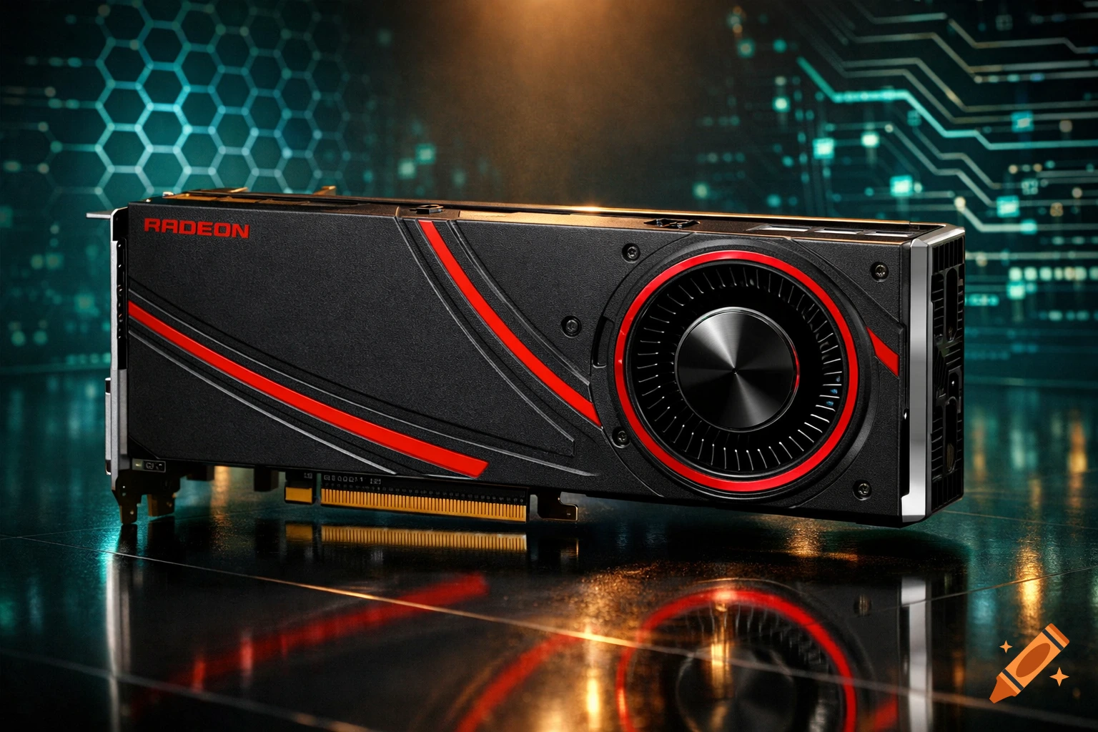 Photorealistic image of a black and red AMD Radeon graphics card on a reflective surface with a circuit board background.