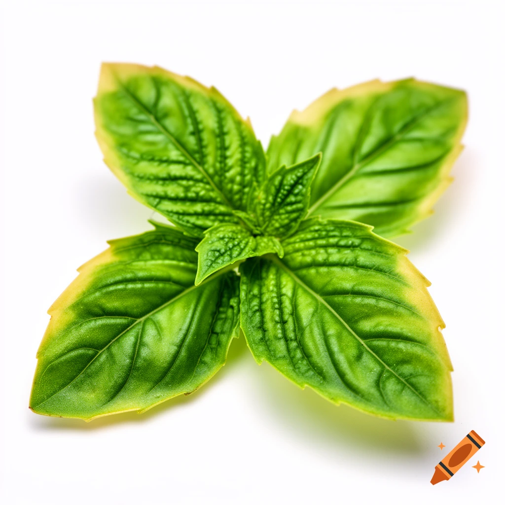 Fresh green basil leaves with slight yellow edges against a white background, macro photography.