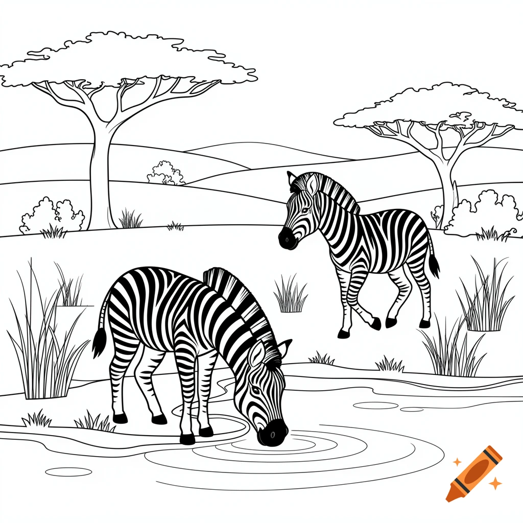 Black and white line art coloring page of two zebras in a savanna, one drinking from a lake, the other walking.