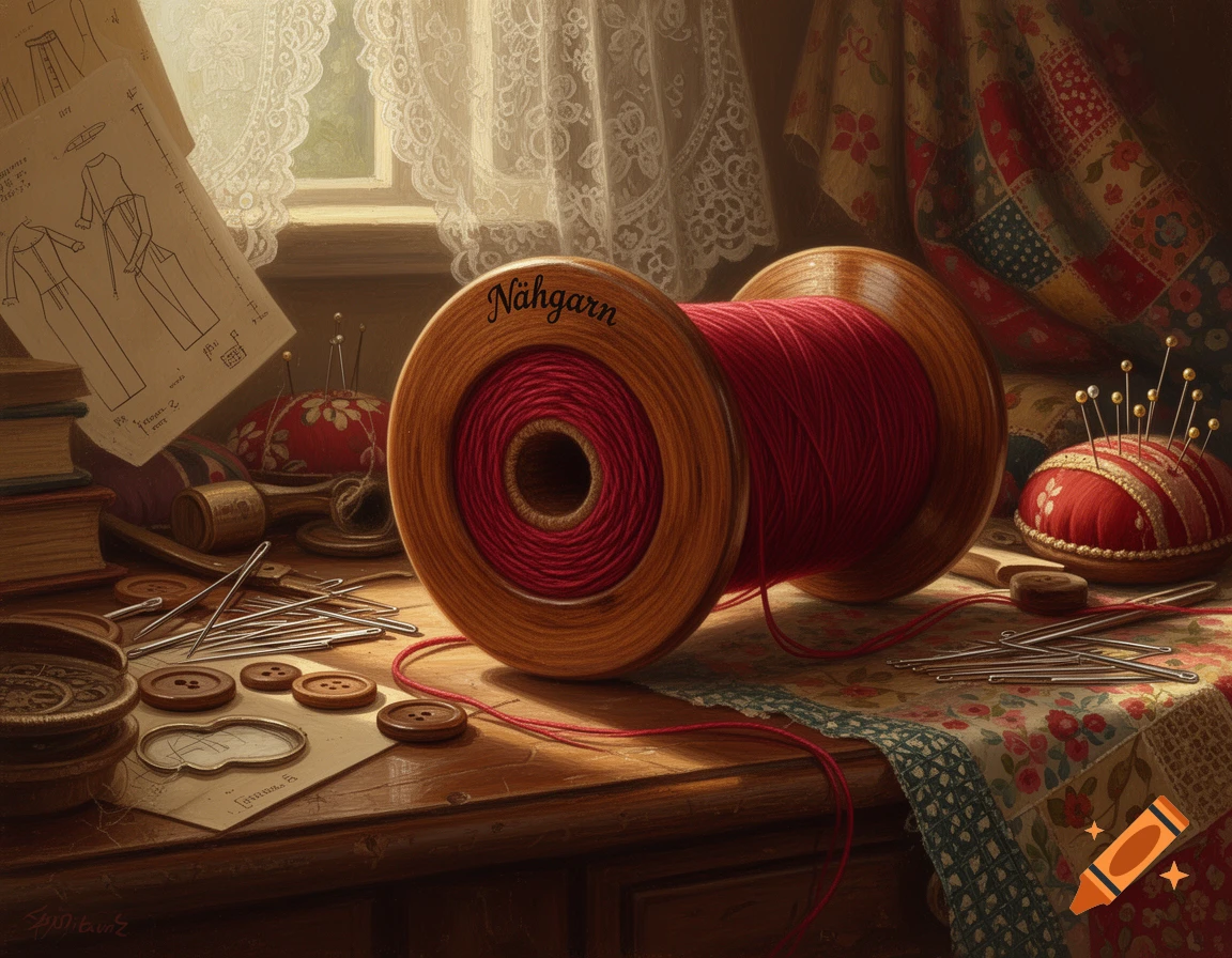 A painting of a large wooden spool of red thread on a table with needles, buttons, a pincushion, and fabric patterns.