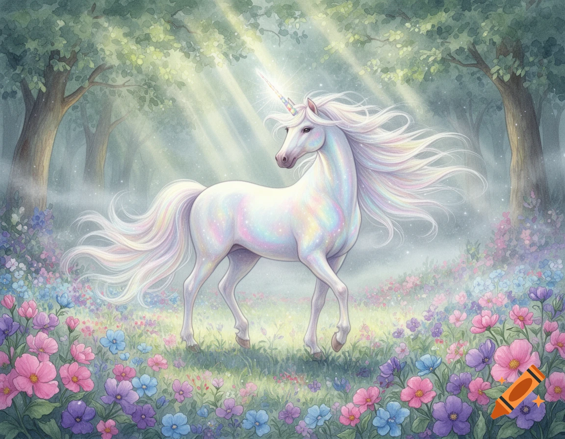 A shimmering white unicorn with a rainbow mane and tail stands in a magical forest filled with colorful flowers and sunbeams.