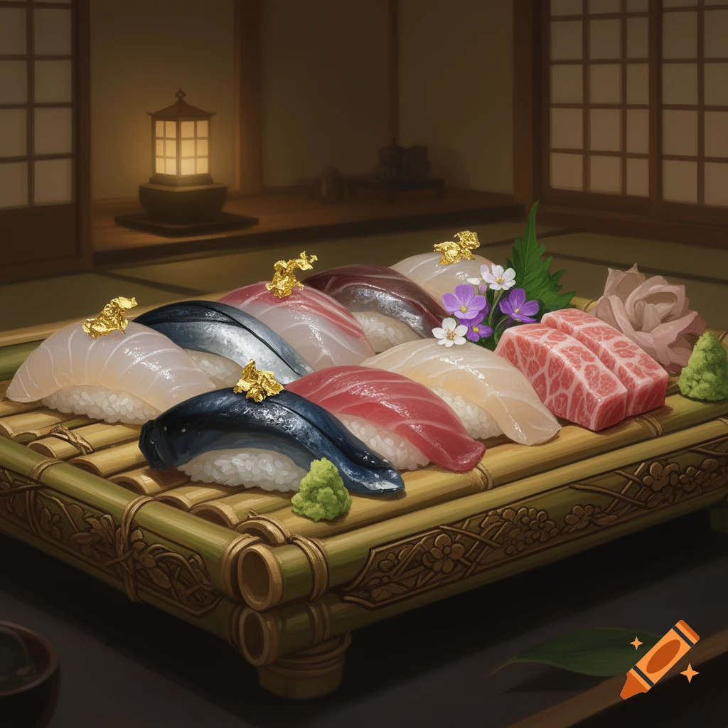 An assortment of nigiri sushi with various fish toppings and gold flakes, alongside raw wagyu beef, ginger, and wasabi, on a bamboo tray in a traditional Japanese setting.