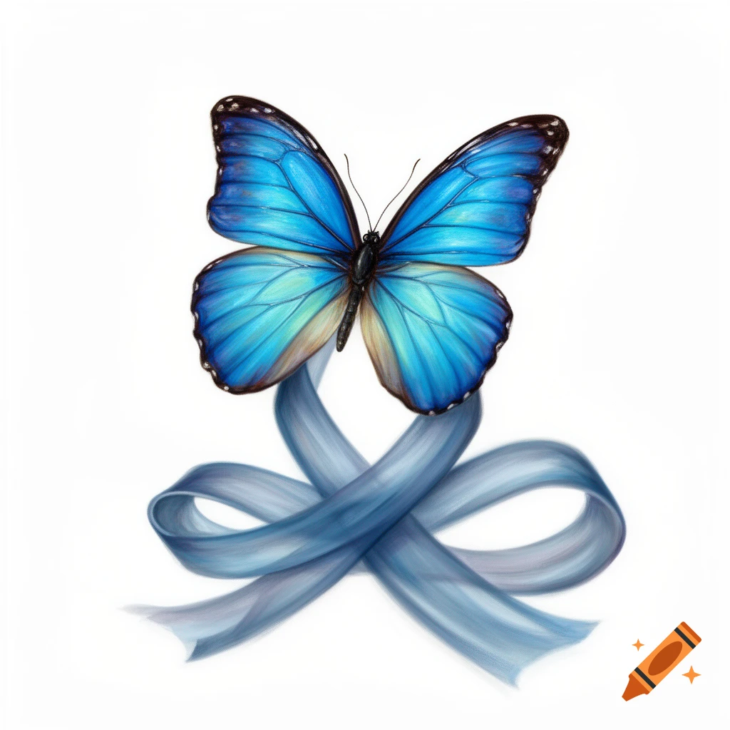 A detailed illustration of a vibrant blue butterfly with outstretched wings, perched on a looping light blue ribbon.