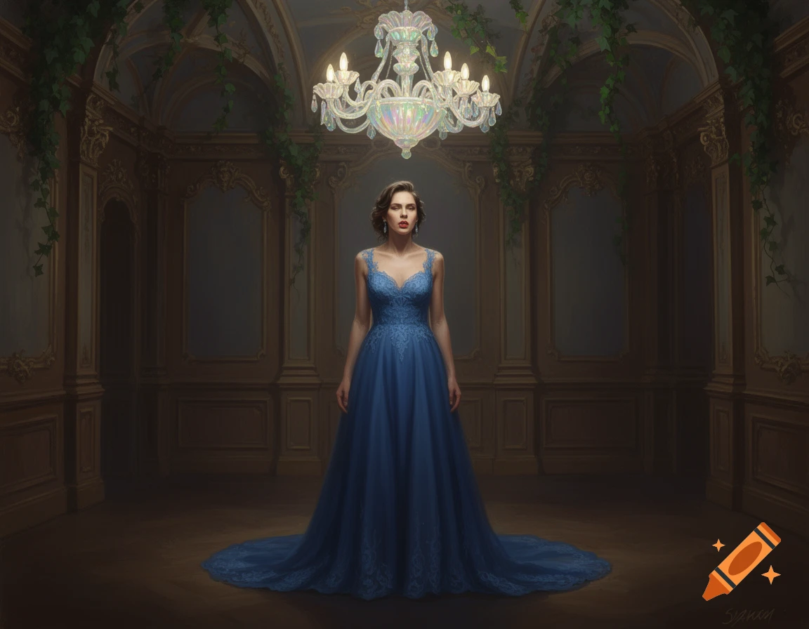 A woman in a flowing blue gown stands under a crystal chandelier in a ...