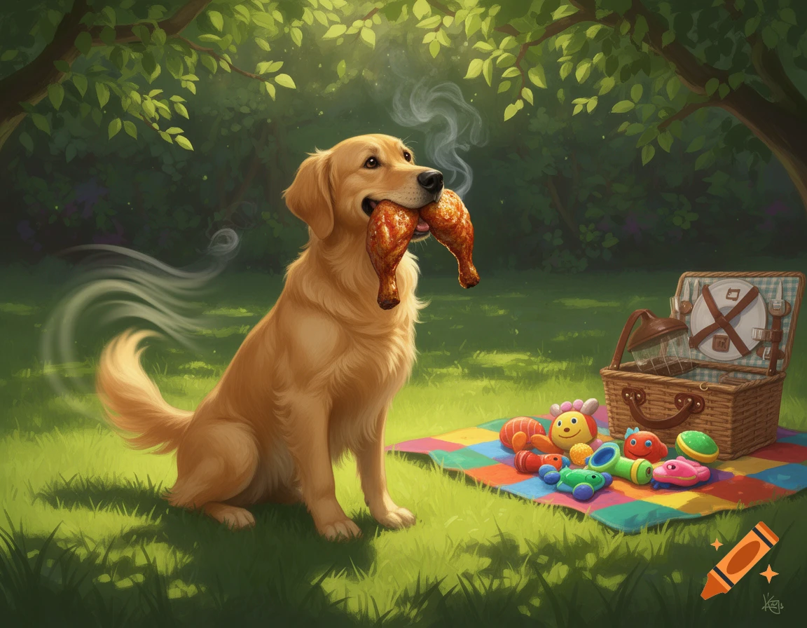 A golden retriever on a picnic blanket holds steaming chicken drumsticks in a sunny park with a basket and toys.