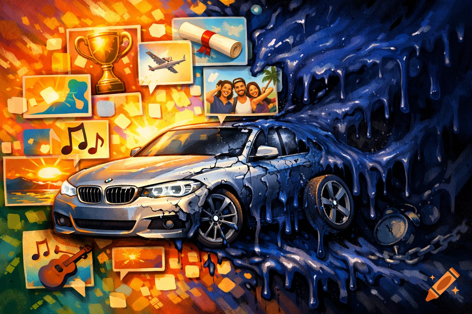 A stylized painting of a BMW on a vibrant orange 'vision board' of life goals, being consumed by dark blue, dripping liquid representing negative forces.
