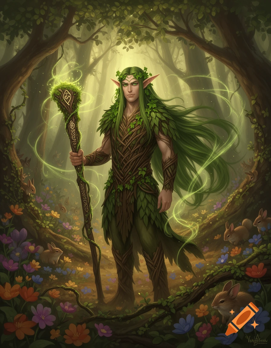 A male wood elf druid with long green hair and a leafy, bark-like outfit stands in a sunlit forest, holding a staff adorned with glowing runes. Rabbits and wildflowers surround him.