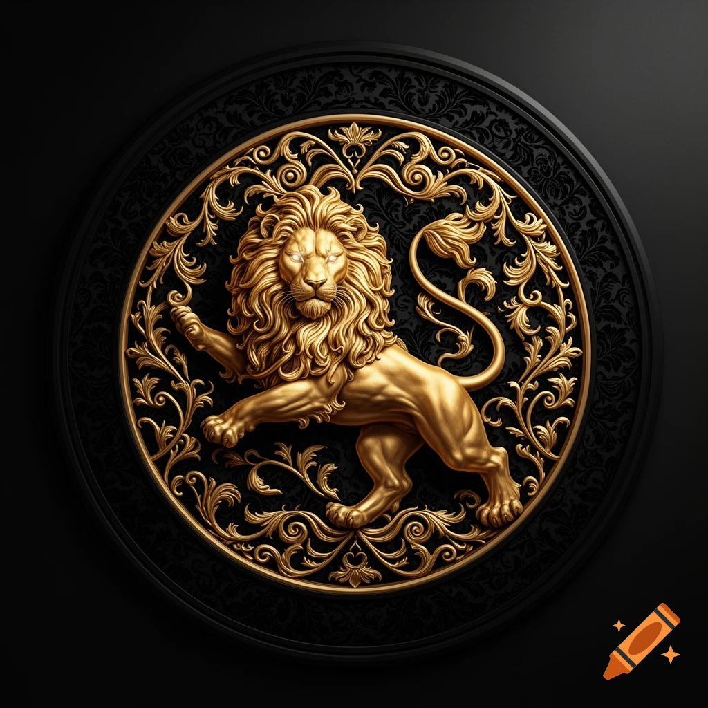 A majestic golden lion with glowing eyes is centrally depicted within a highly detailed, ornate black and gold circular crest.