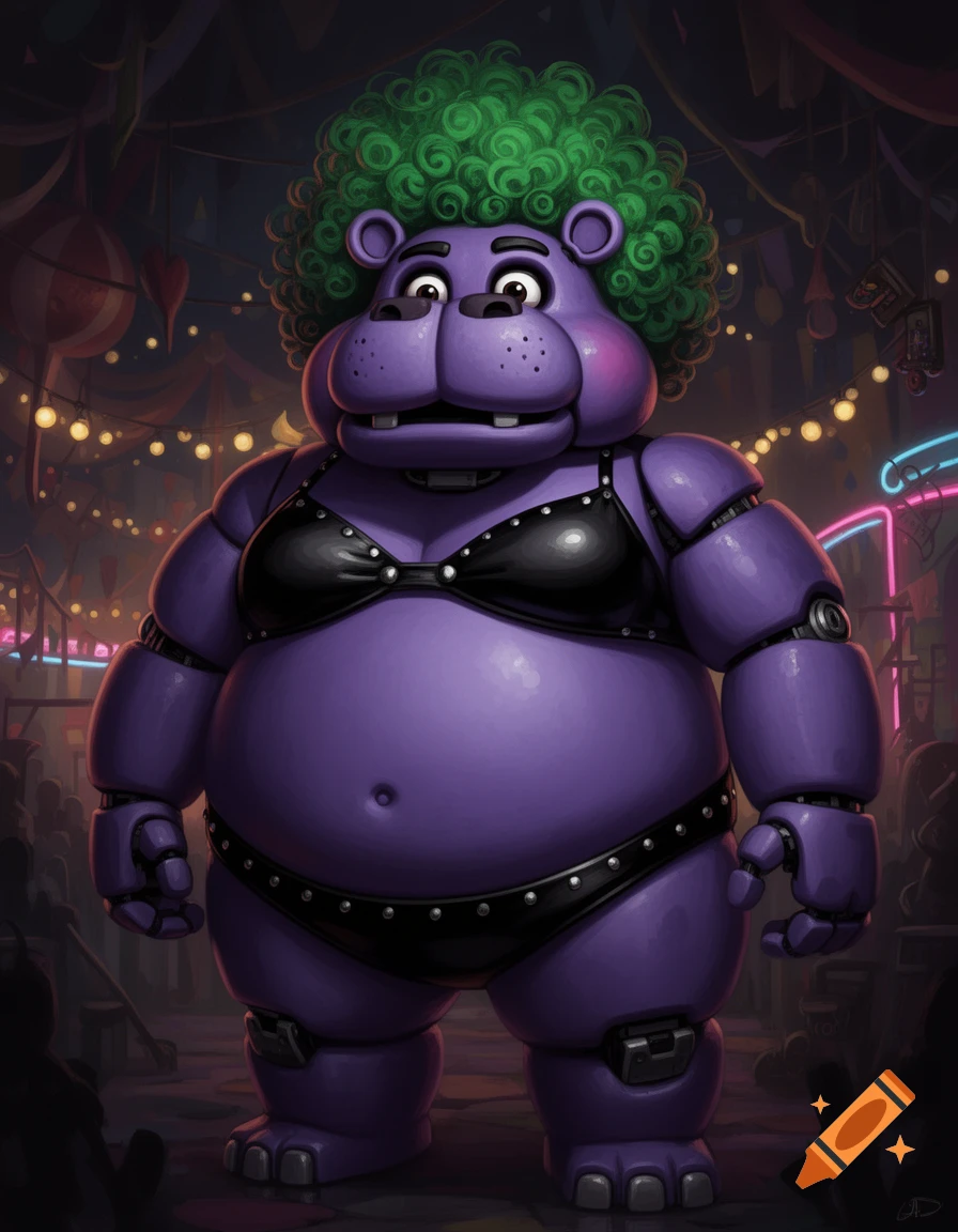 A portly purple hippo animatronic with a green afro wig and black bikini stands in a dark, festive club setting.