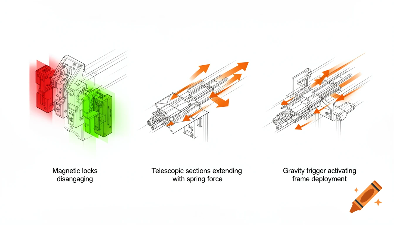 Three isometric vector diagrams illustrating magnetic locks disengaging, telescopic sections extending, and gravity trigger activating frame deployment.
