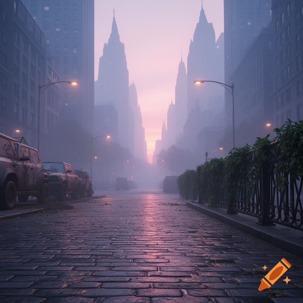 A foggy city street at dusk or dawn, with tall buildings silhouetted ...
