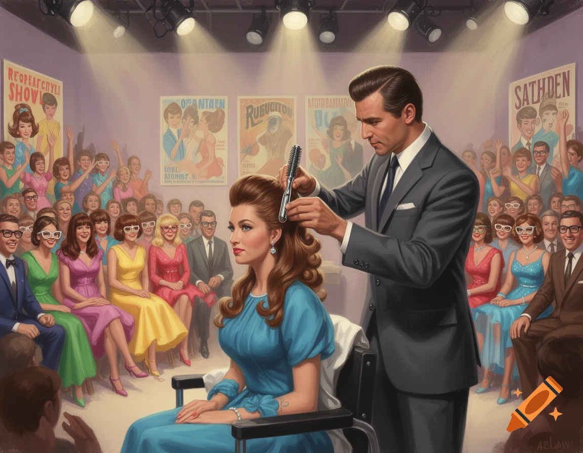 A man styles a woman's beehive hair on stage at a 1960s show, observed by a large, enthusiastic audience. Retro illustration.