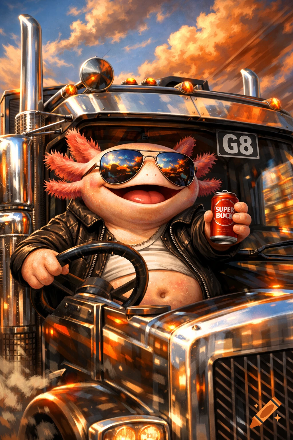 A cool axolotl in sunglasses and a leather jacket drives a chrome semi-truck, holding a 'SUPER BOCK' can at sunset.