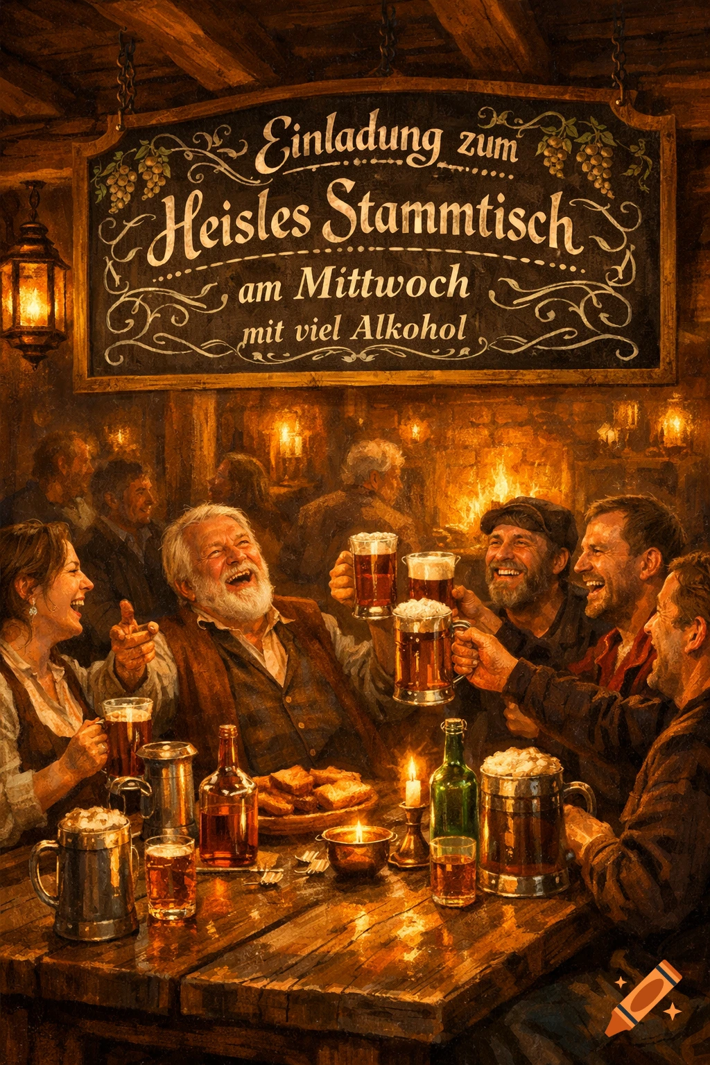 Painting of people laughing and toasting with beer in a warm, rustic tavern, with a sign overhead.