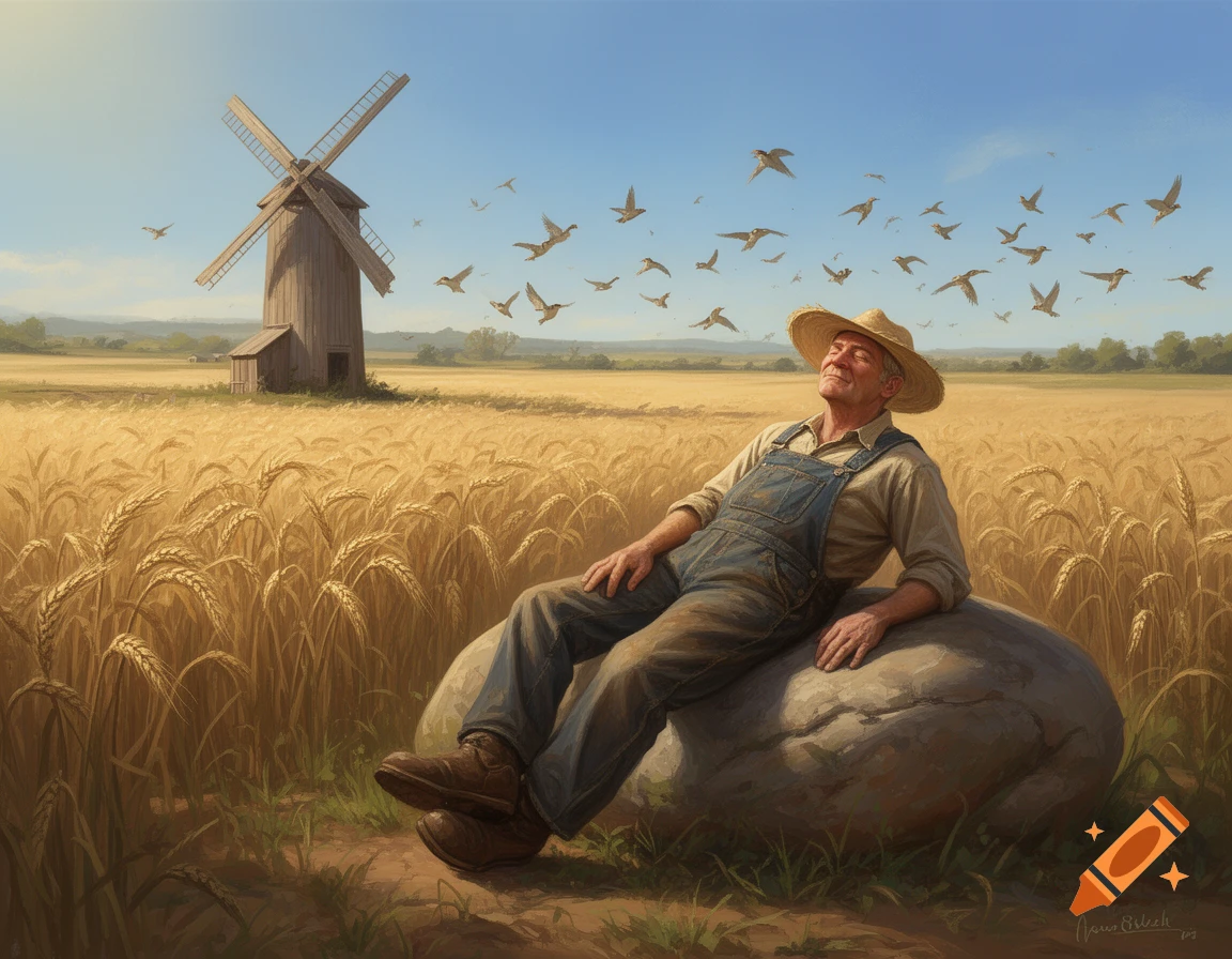A contented old farmer in a straw hat and overalls relaxes on a large rock in a golden wheat field, with a windmill and birds overhead.