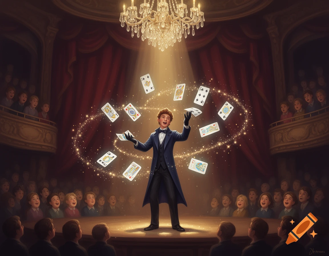 A magician in a formal suit performs a card trick, juggling glowing playing cards on a brightly lit stage for an audience.