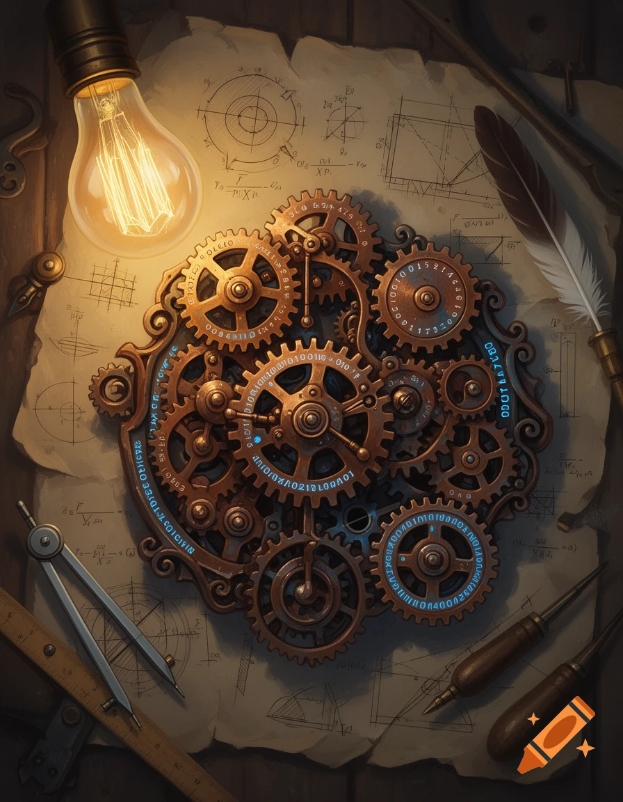 An antique-style lightbulb shines on intricate bronze gears with glowing blue numbers, drafting tools, and old blueprints on a wooden surface, embodying engineering and computing.