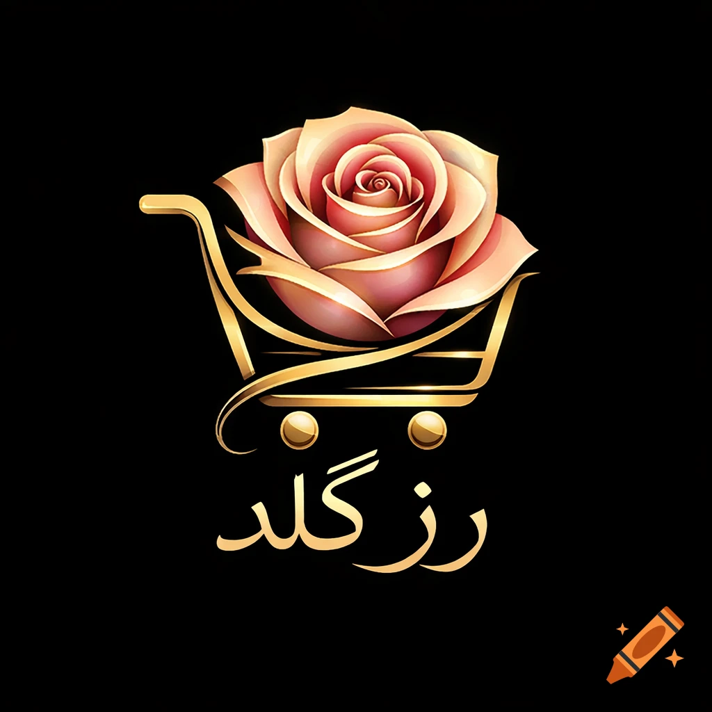 A luxurious golden shopping cart holds a delicate pink and gold rose, with 'Rose Gold' text in Persian below, on a black background.