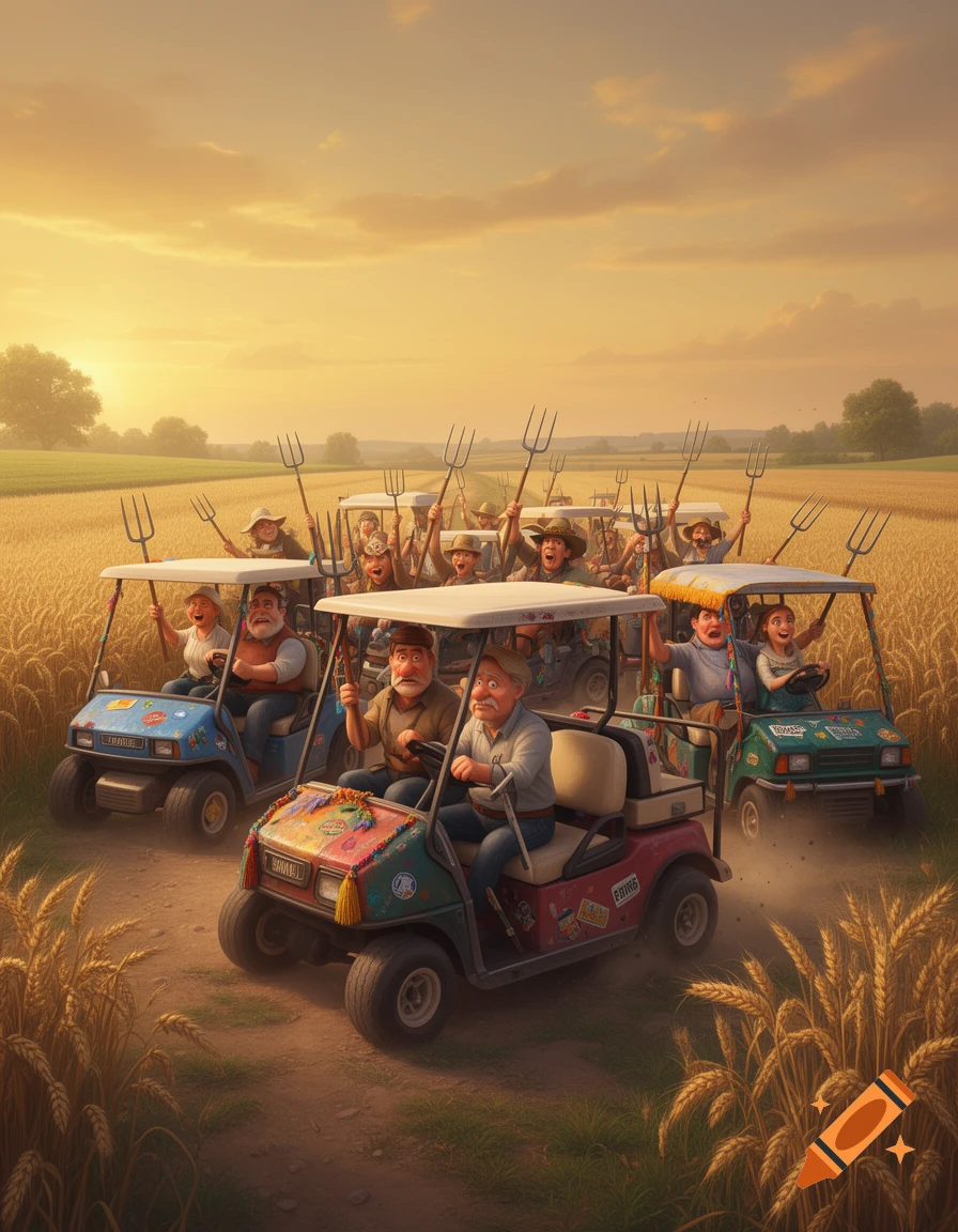 A stylized illustration of an angry mob of farmers in golf carts, holding pitchforks, driving through a golden wheat field at sunset.