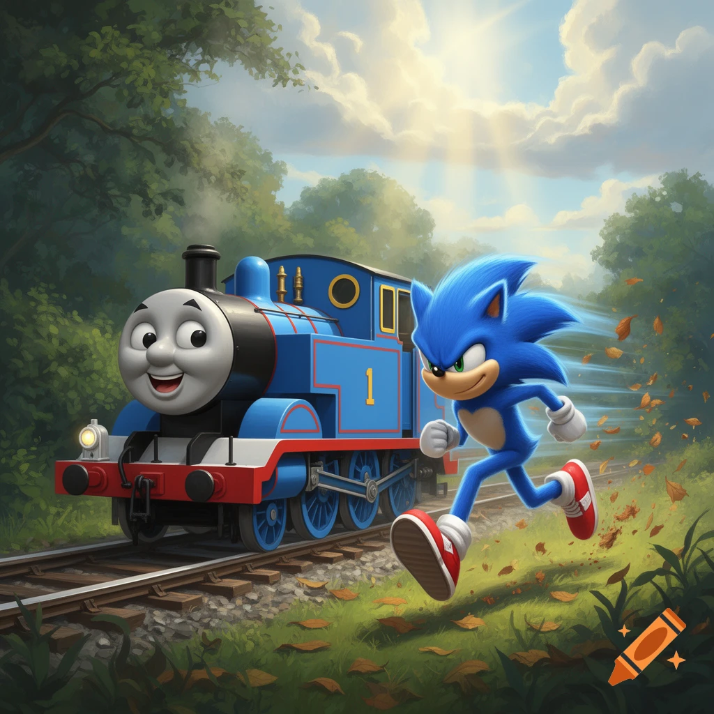 Thomas the Tank Engine on tracks with Sonic the Hedgehog running through a forest.