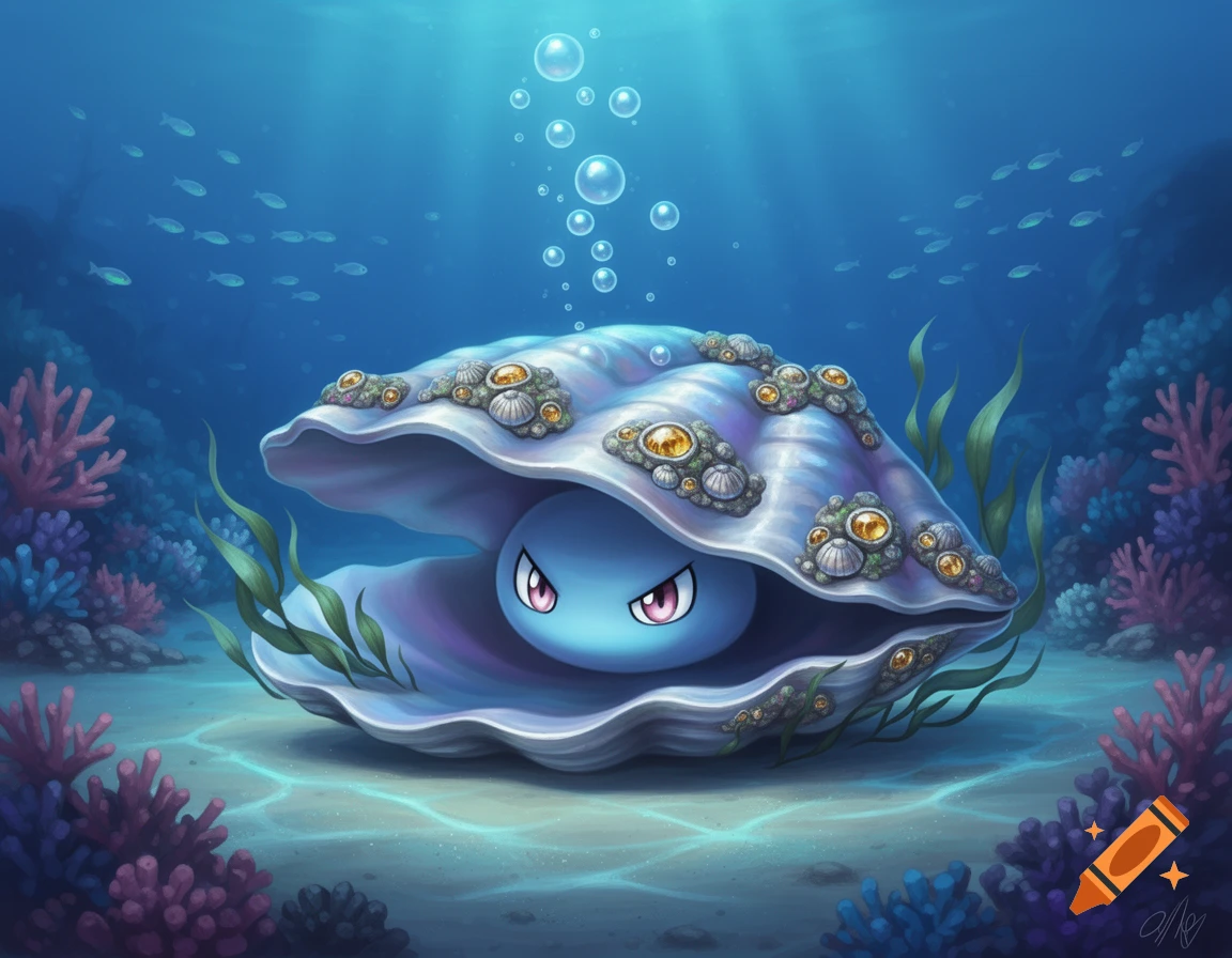 A cute, blue, round creature with angry red eyes peeks out from a large, ornate purple oyster shell underwater, surrounded by coral and small fish.