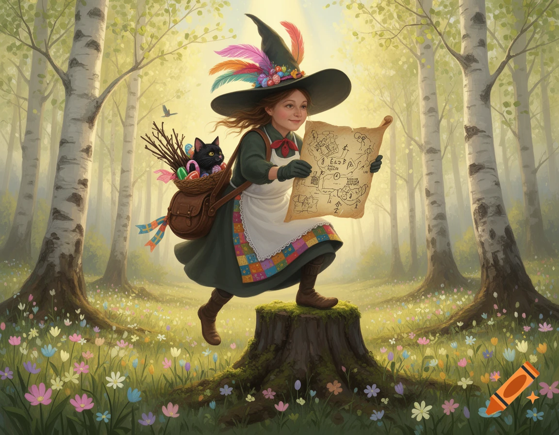 A whimsical Easter witch with a feathered hat and a black cat in her basket stands on a tree stump, looking at a map in a sunlit forest filled with wildflowers.