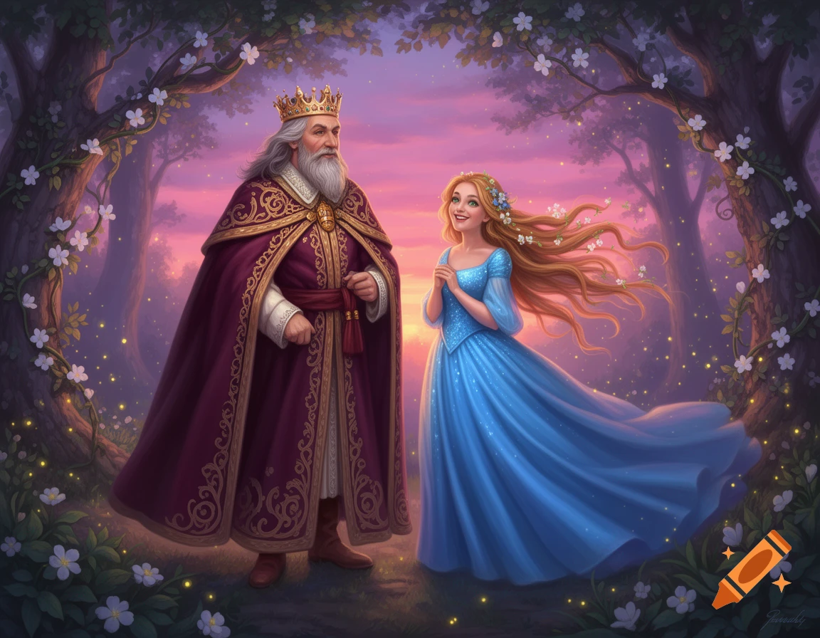 A fairytale king and joyful princess stand in an enchanted forest at sunset, surrounded by flowering trees and glowing lights.