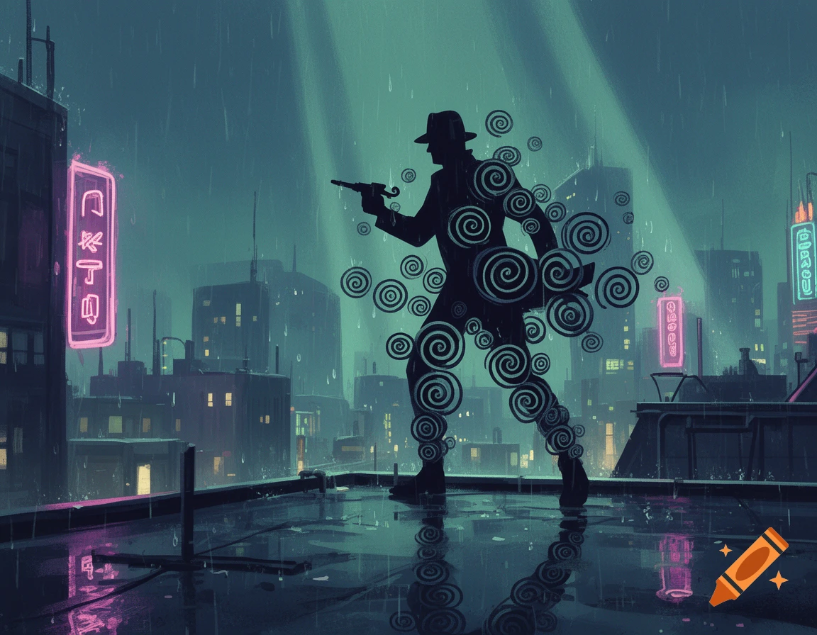 A stylized silhouette of a spy with swirling patterns stands on a rainy cyberpunk city rooftop, holding a pistol.