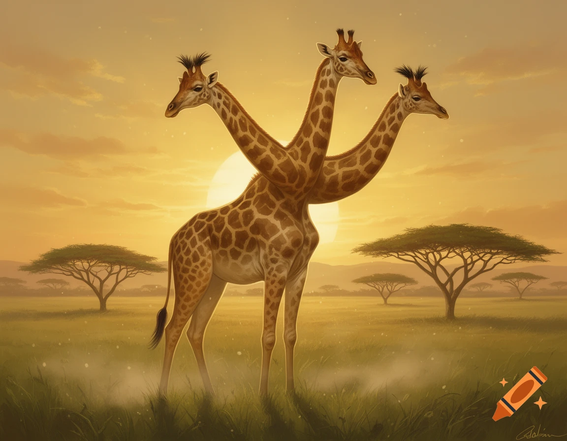 A three-headed giraffe stands in a golden savanna at sunset, with acacia trees in the background, in a digital painting style.