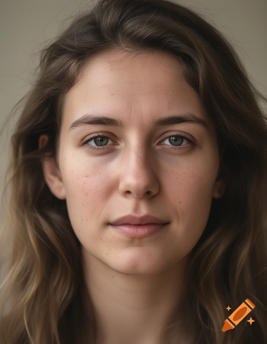 Photorealistic portrait of a young woman with wavy brown hair and green eyes, looking neutrally at the viewer.