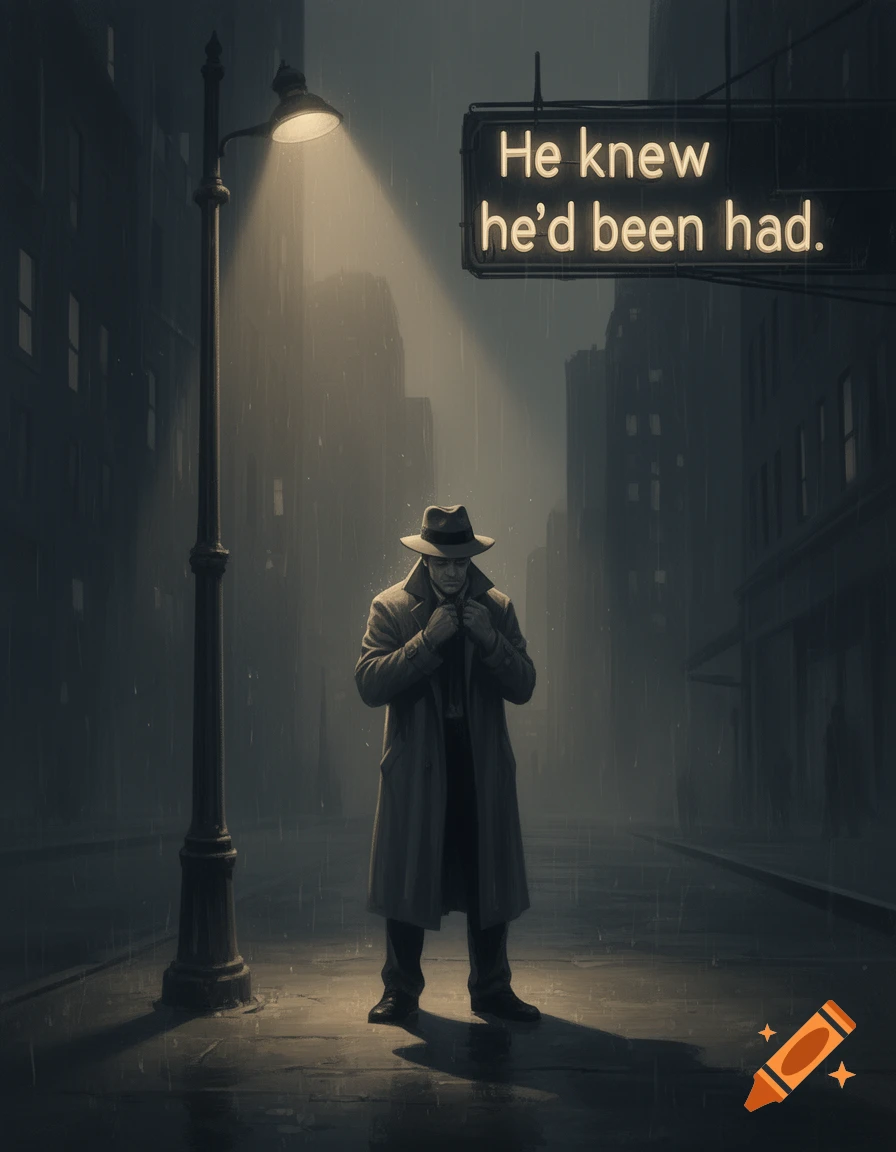 A man in a trench coat and fedora stands in a rainy, dark city street under a streetlamp, with a neon sign reading 'He knew he'd been had.'