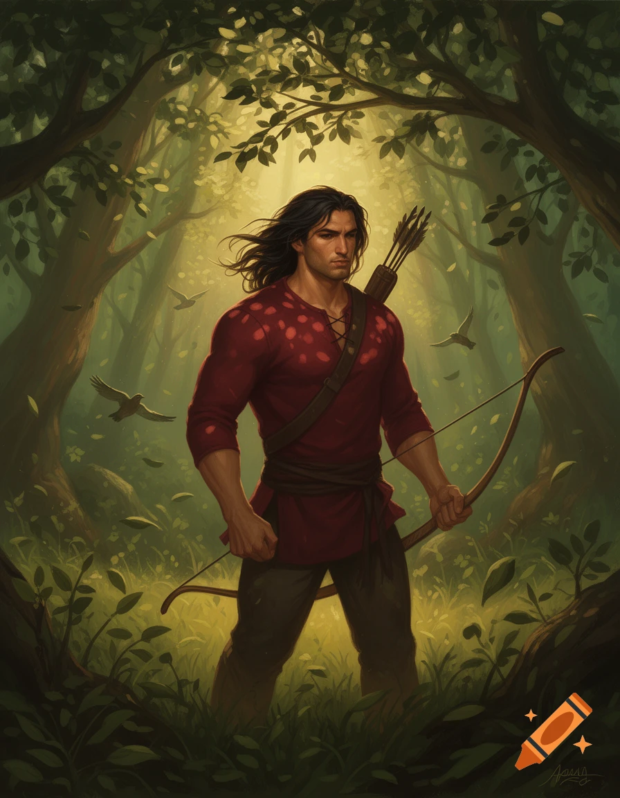 A handsome, dark-haired huntsman stands in a vibrant, sunlit forest, holding a bow with a quiver of arrows on his back. Illustrated fantasy art.