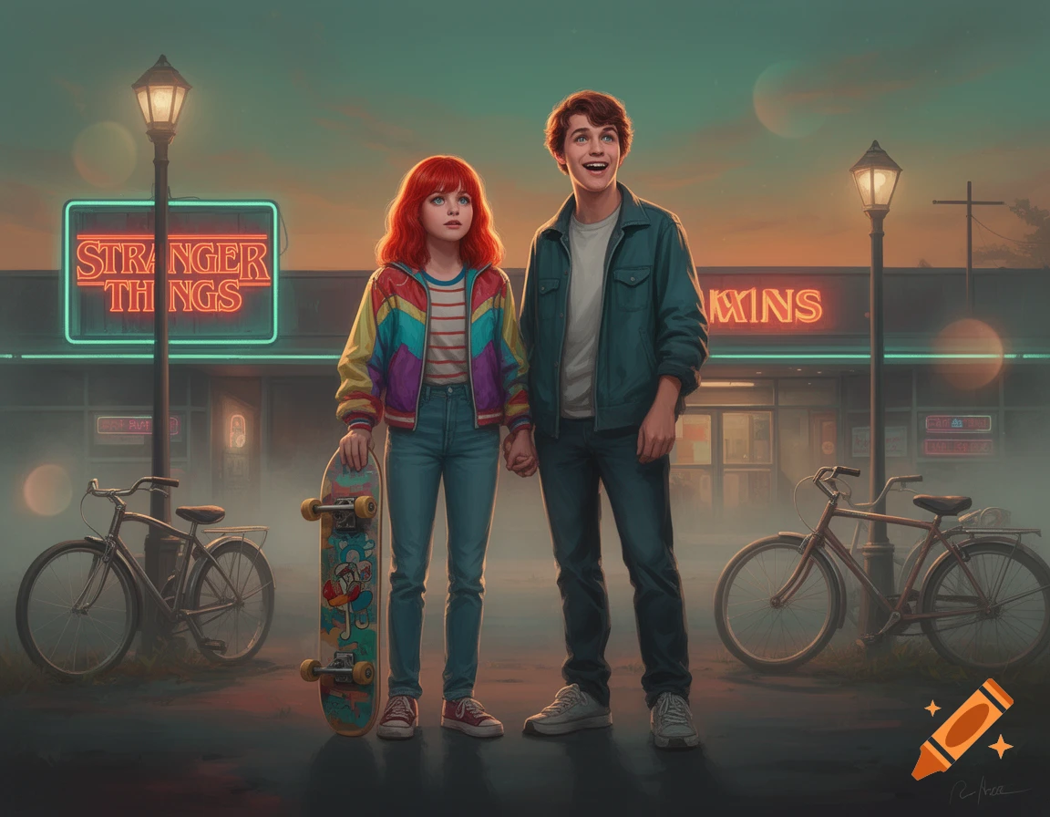 Two young people, one with red hair holding a skateboard, hold hands in front of a neon 'Stranger Things' sign with bikes nearby. Digital art.