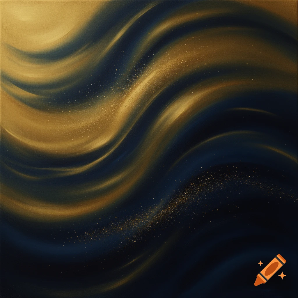 Abstract painting with swirling gold and navy blue colors, accented by glittering gold speckles.
