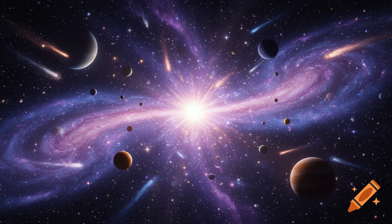 A vibrant image of a galaxy with planets, comets, and a bright central starburst in deep space.